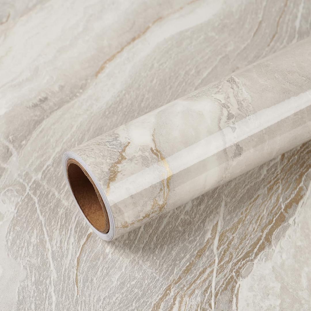 VEELIKE Wide 32''x354'' Beige Gold Marble Contact Paper for Countertops Peel and Stick Waterproof Countertop Vinyl Wallpaper for Kitchen Bathroom Glossy Marble Wallpaper Peel and Stick for Walls Table