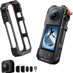 K&F Concept Standard Camera Cage Compatible with Insta360 X5, Aluminum Alloy Protective Frame Case with Silicone Lens Cover |1/4" Screw Hole | 2 Cold Shoe Mounts for Microphone and LED Video Light