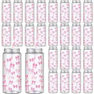 Chuangdi 24 Sets 14 oz Pink Bow Bottles with Straws and Metal Lids 24 Plastic Coquette Bottles 25 Paper Straws Tumbler Reusable Jar Containers for Baby Shower Party Wedding Supplies(Pink,bow)