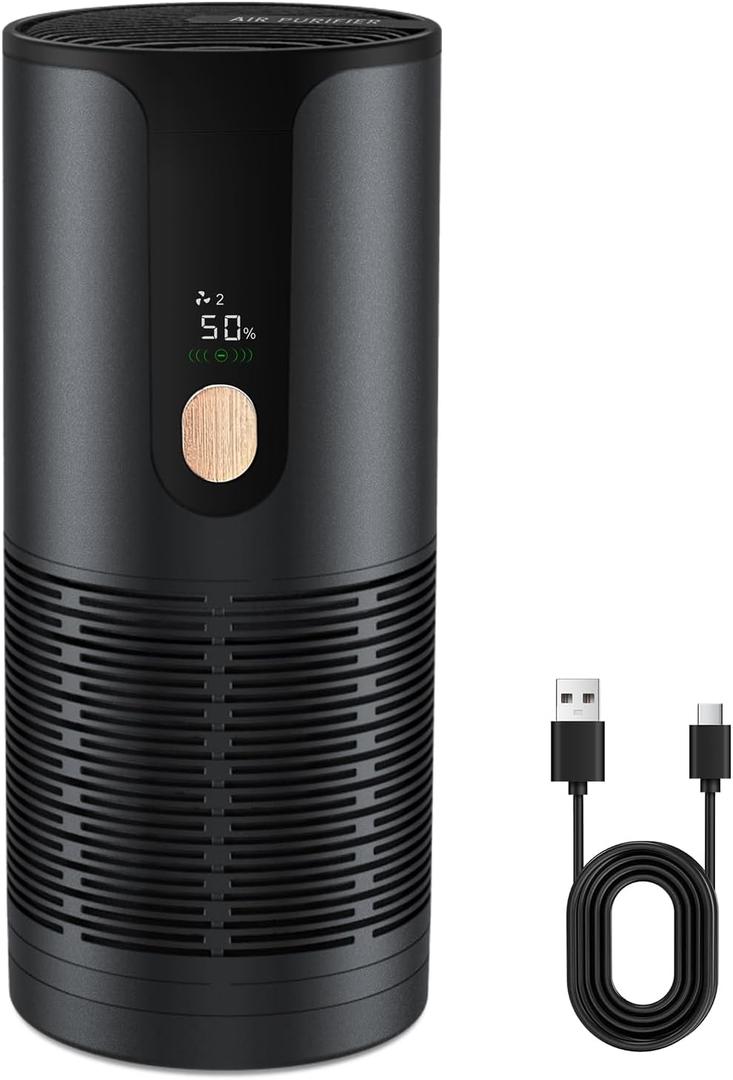 Car Air Purifier, Mini Portable HEPA Filter with 4-Layer Filtration & LCD Display, 15dB Ultra Quiet, Cordless, Eliminates 99.97% of Smoke Dust Pet Odors for Vehicle Office Travel