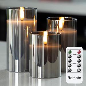 LUSHABOR Flameless Candles with Remote, 3 Pack Glass Battery Operated Candles with Timer, Real Wax Glass LED Candles Flickering Wedding Home Party Christmas D3 H4 5" 6" Grey (Gray)