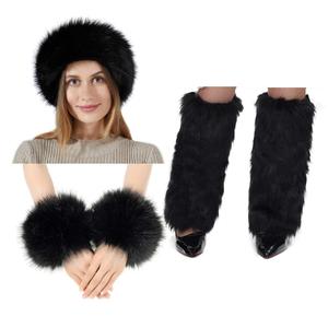 5 Pieces Faux Fur Headband Arm Cuffs Leg Warmers Ear Furry Warmers for Cold Weather Furry Costumes (Black)