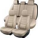 Beige Leather Car Seat Covers Full Set Breathable Seat Protectors Waterproof Automotive Seat Covers Universal Fit for Most Cars SUVs Trucks Vehicles
