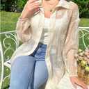 Women's Oversized Sheer Mesh Blouses Floral Embroidery Collared Shirts Long Sleeve Tops Fall Outfits (Beige, L)