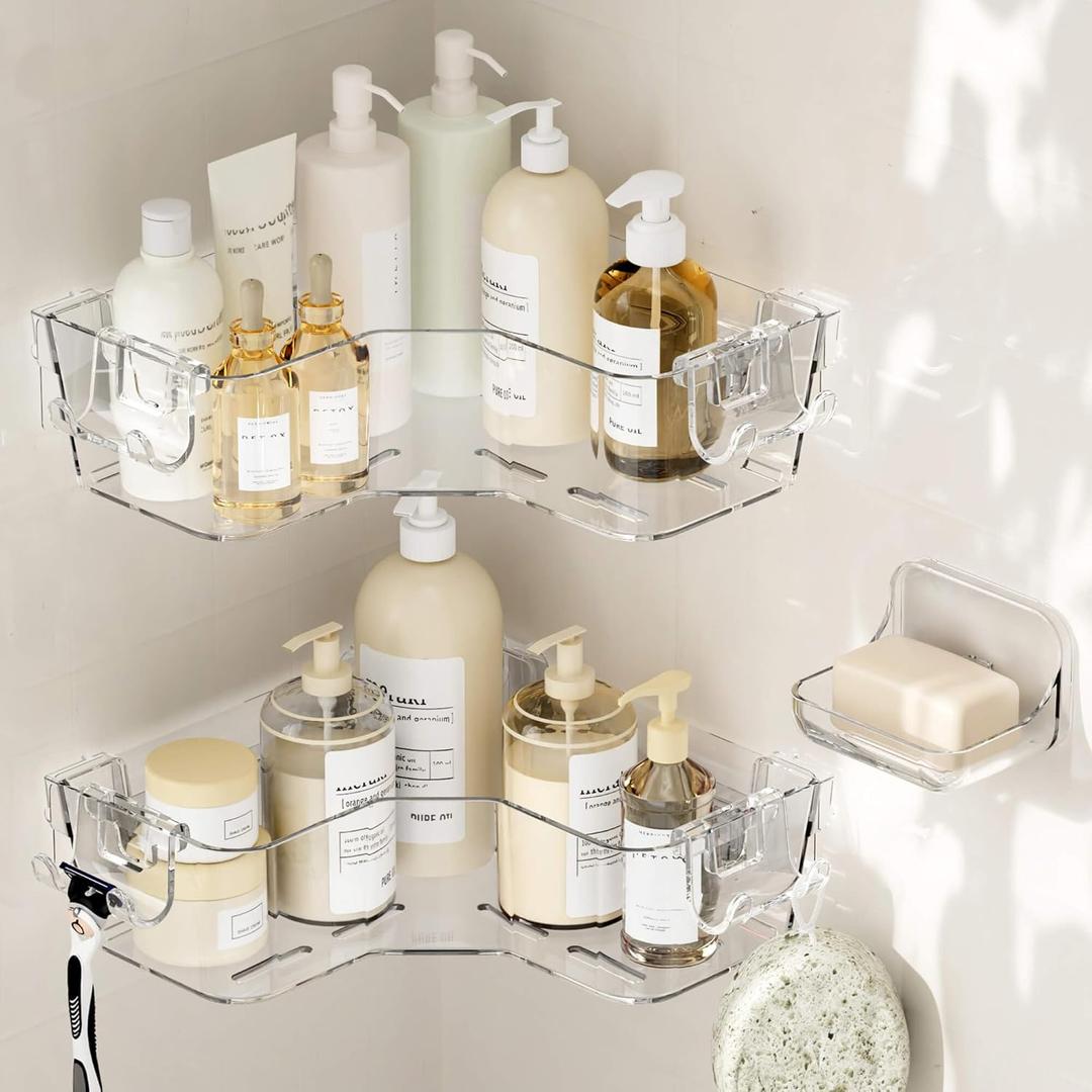 UDD Corner Shower Caddy, Clear Shower Organizer Bathroom Storage Rack with Soap Dish and Razor Holder Hook, Adhesive Wall Shower Shelves for Bathtub Dorm, 3 Pack