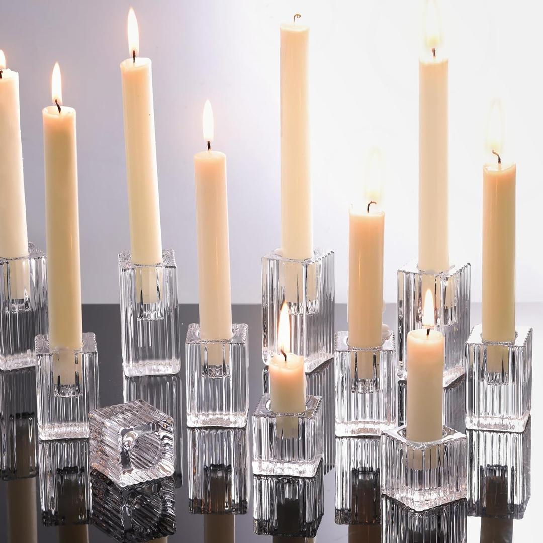 LETINE 12pcs Vertical Stripe Glass Candlestick Holders - Chic Taper Candle Sticks Holder Set for Elegant Dining & Home Decor - Ideal for Wedding Centerpieces, Parties, and Celebrations (Clear)