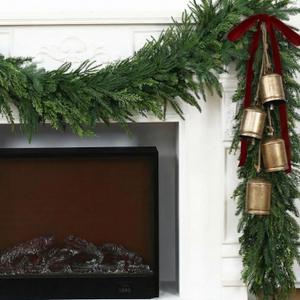 12ft Artificial Norfolk Pine Garlands Real Touch Winter Xmas Garland with Gold Brass Bells Christmas Decorations Indoor Outdoor Cedar Needles Greenery Seasonal(Cedar)