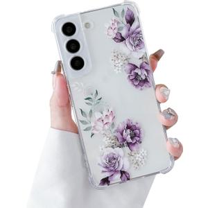 DEFBSC Soft Case Compatible with Samsung Galaxy S22, Clear Floral Flower Pattern Print Design Flexible TPU Shockproof Cover for Women Girls,Flower Protective Phone Case, Purple Peony