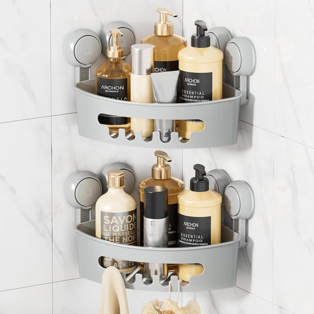 LEVERLOC Corner Shower Caddy Suction Cup, shower shelves suction cup, 2 Pack Basket Powerful Bathroom, Waterproof & Oil-proof Organizer for Kitchen, No-Drilling Removable (Grey)