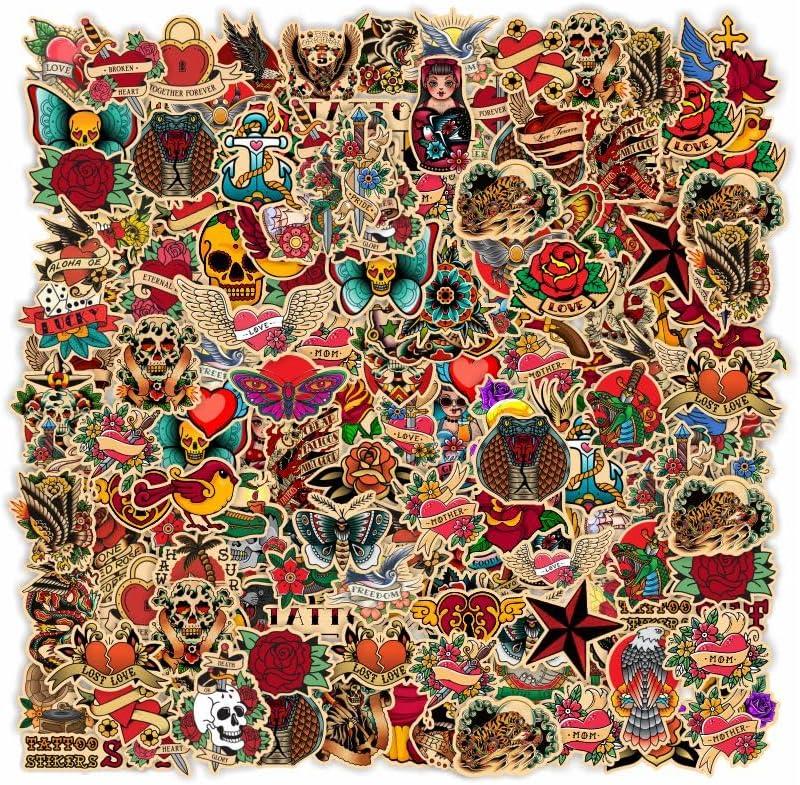 100Pcs Vintage Graffiti Tattoo Stickers Packs for Adults Mens Teens,Cool Retro Halloween Skull Horror Stickers Bulk Decor for Laptop Water Bottle Phone Skater