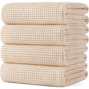 POLYTE Microfiber Oversize Quick Dry Lint Free Bath Towel, 60 x 30 in, 4 Pack (Light Beige, Waffle Weave)