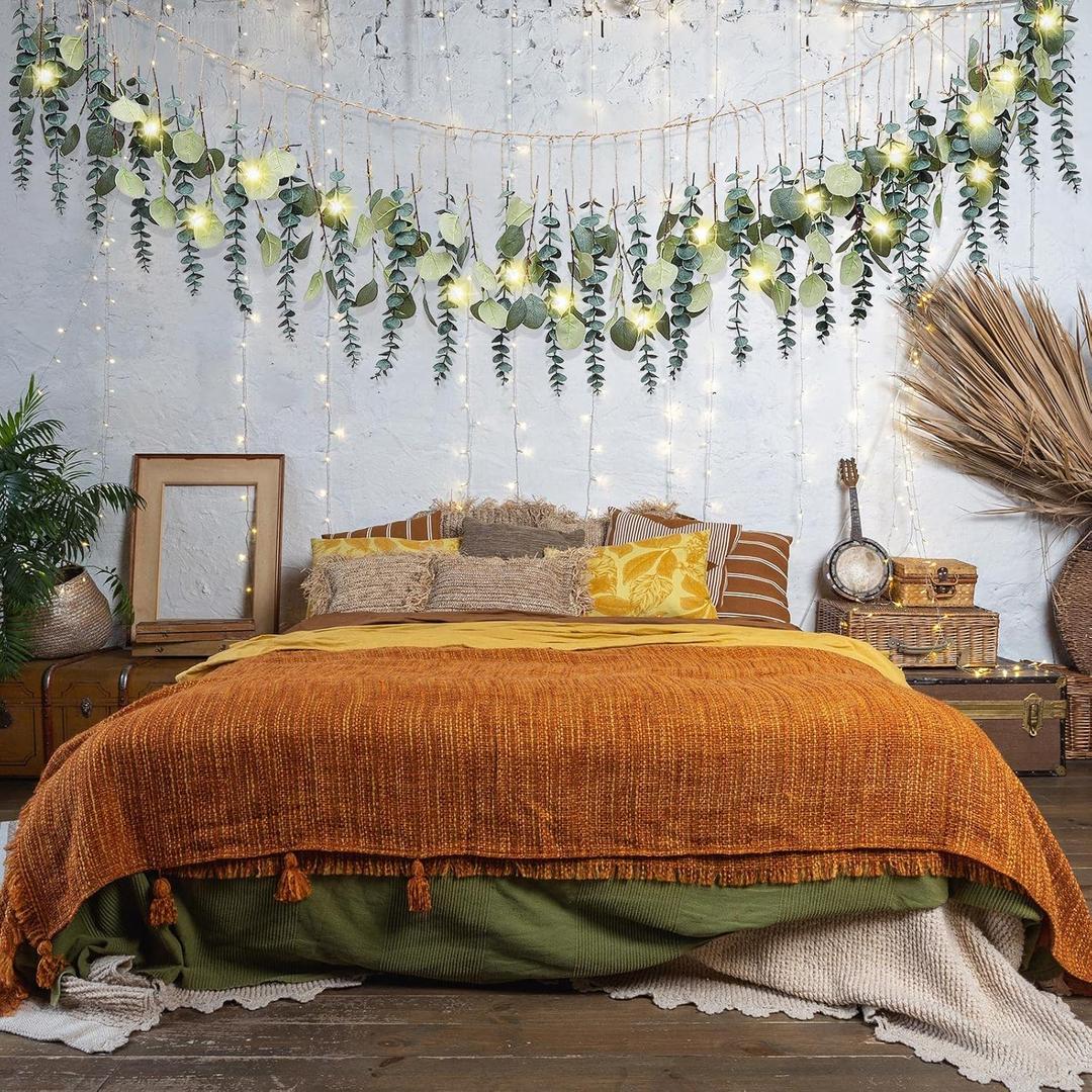 Juexica Fall Artificial Eucalyptus Wall Hanging Boho Decor with LED Light Bedroom Wall Farmhouse Nursery Decor with LED String Lights for Fall Home Office Bathroom Kitchen(Green)