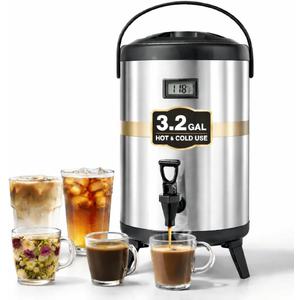 3.2 Gallon Insulated Beverage Dispenser, 12L Thermal Coffee and Drink Server with Spigot, Non-Electric Hot & Cold Drink Container for Juice, Tea, Milk, or Chocolate