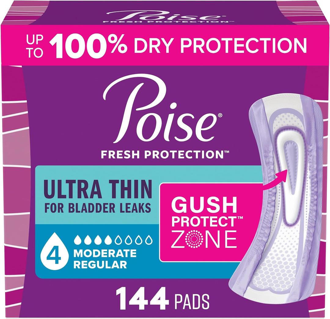 Poise Ultra Thin Incontinence Pads & Postpartum Pads for Bladder Leaks, 4 Drop Moderate Absorbency, Regular Length, 144 Count