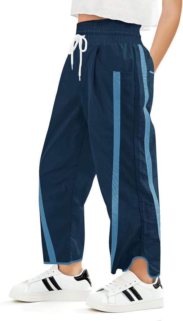 Haloumoning Girls Baggy Wide Leg Pants Kids Striped Elastic Waist Parachute Track Pants with Pockets, Navy Blue, 5-6 Years