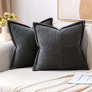 MIULEE Dark Grey Corduroy Decorative Euro Sham Pillow Covers 24x24 Inch with Splicing Set of 2 Soft Boho Pillow Covers Broadside Textured Pillowcases for Couch Bed Livingroom