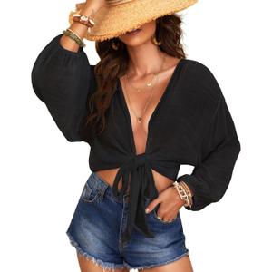 Women's Swimwear Cover Ups Tops Tunic Self-tie Swimsuit Bikini Bathing Suit Long Sleeve Soft Beach Shirt for Women (M)