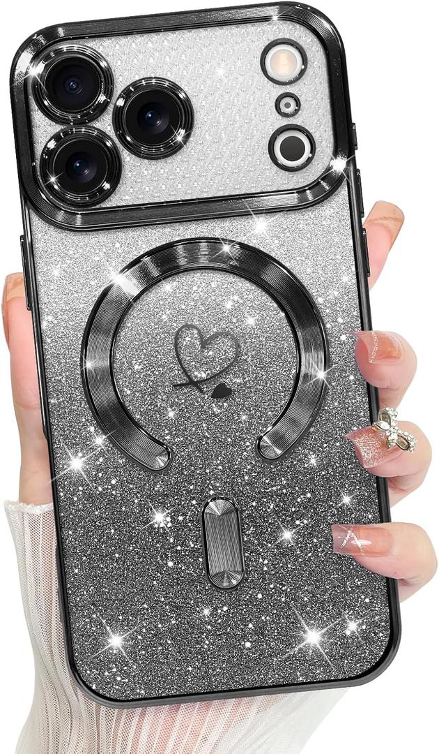 Bonoma Compatible with iPhone 17 Pro Max Case 2025 Support for MagSafe, Plating Heart Glitter Magnetic Case TPU Camera Protection Back Cover for Phone Case -Black