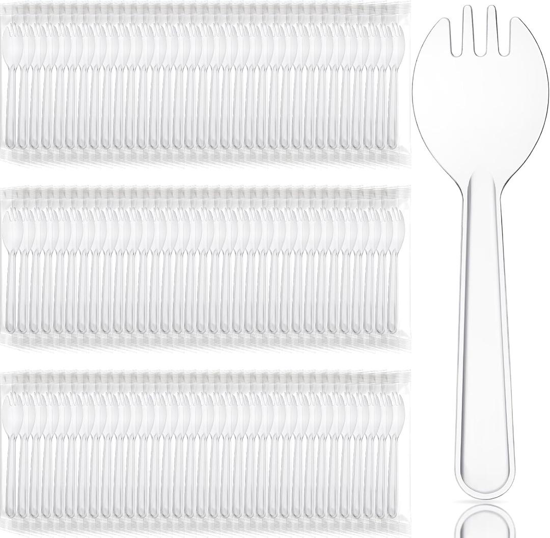 Tioncy 150 Pcs Disposable Plastic Sporks Individually Wrapped Disposable Sporks 4.5'' x 1.26'' 2 in 1 Fork and Spoon Set Serving Utensils for Dessert Restaurant Party Supply(Clear)