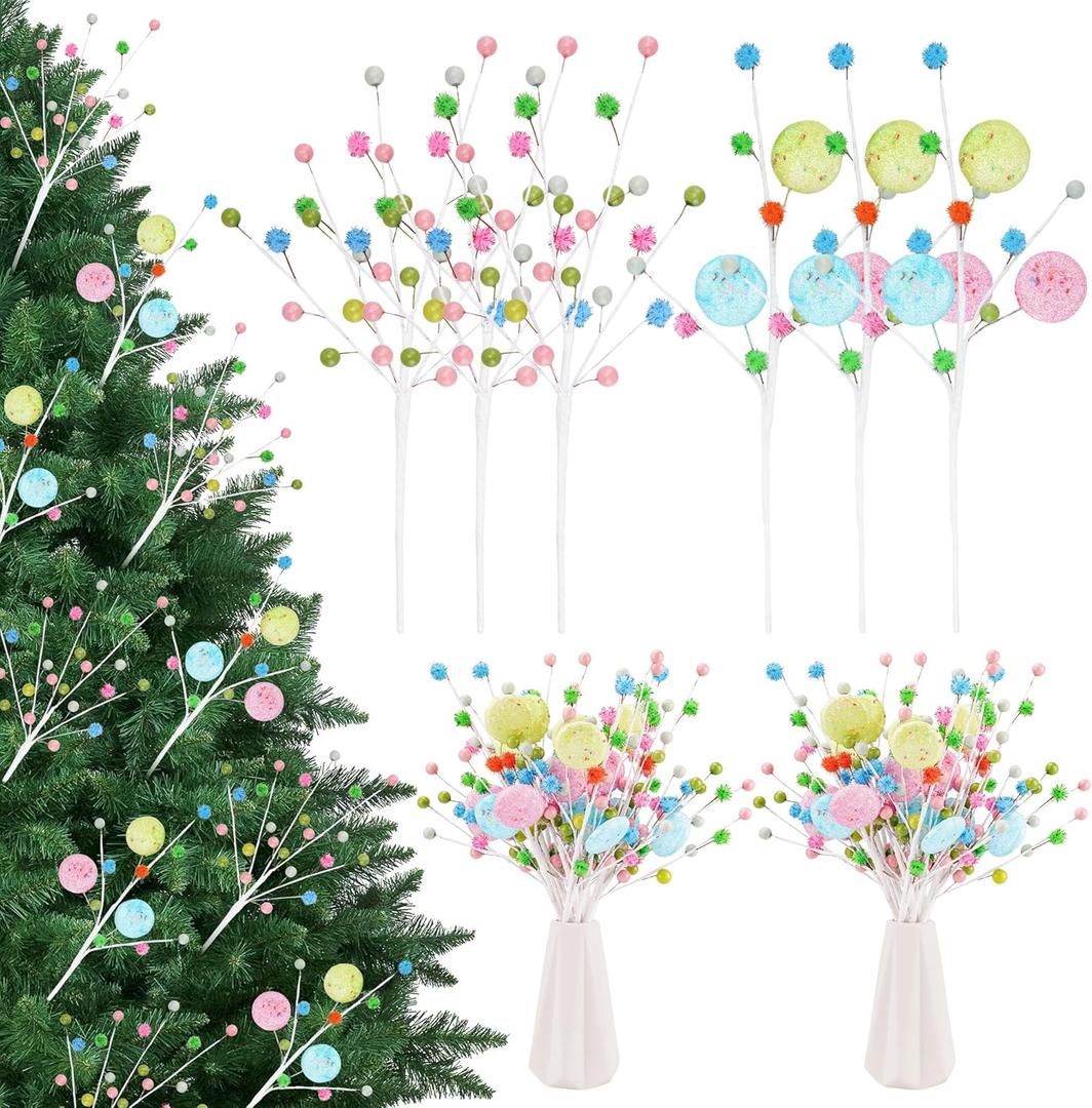 12 Pcs Pastel Christmas Tree Picks 2025 Macaron Christmas Decoration 15 Inch Pastel Curly Picks Twig for Xmas Wreath Garland Vase Filler Home Craft Holiday Party Supplies (Colorful)