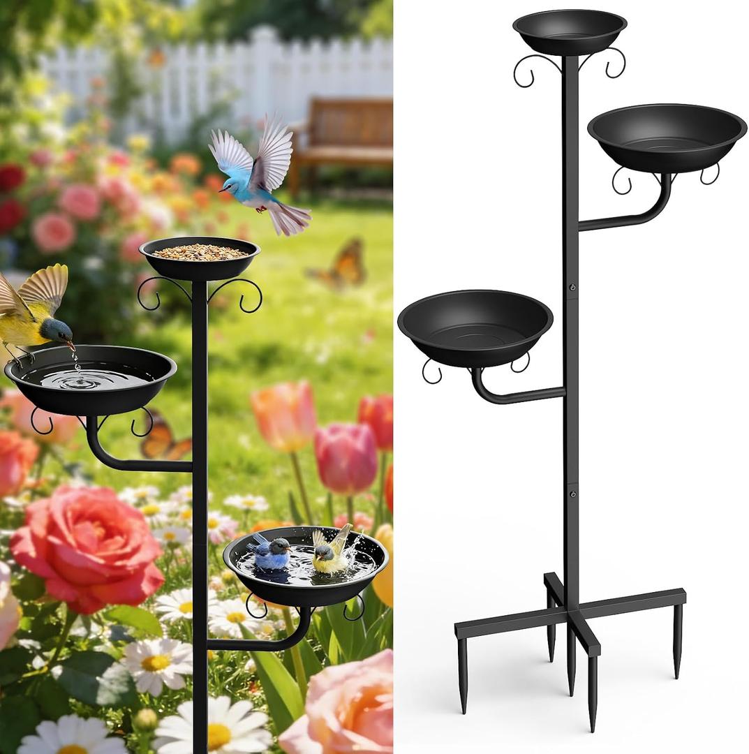 Pawaboo Bird Bath for Outside, 47in Metal Freestanding Birdbaths & Birdfeeder, Bird Feeder Bowl and 2 Birds Bath Bowls, 5-Pronged Base Birds Baths Feeder Stand for Outdoors Garden Yard Lawn Decor