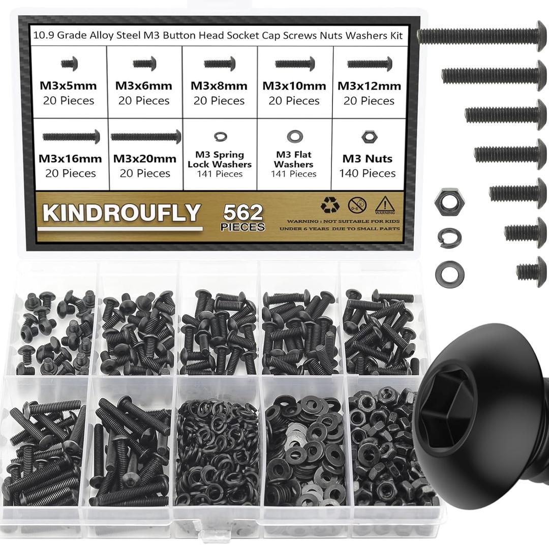 562 Pieces Black M3 x 5/6 /8/10 /12/16 /20mm Button Head Socket Cap Screws Nuts Washers Assortment Kit, 10.9 Grade Alloy Steel