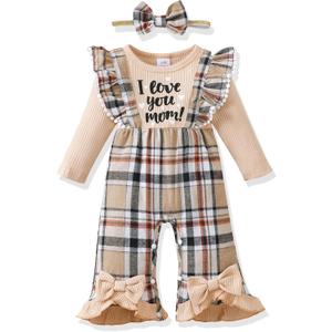 Renotemy Newborn Baby Girl Clothes Fall Winter Outfit Ribbed Romper Plaid Overalls Jumpsuit Infant Girl Outfits 0-18 Months (3-6 Months)