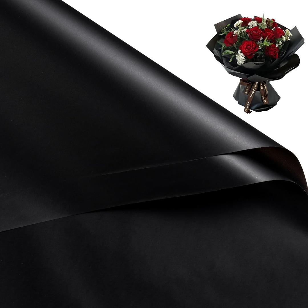 WRAPAHOLIC 20 Sheets Flower Wrapping Paper - 22.4 x 22.4 inch Pure Black Water-Resistant Floral Bouquet Wrapping Paper, Florist Supplies Packaging for Wedding Birthday Gift DIY (Solid Color - Black 1)