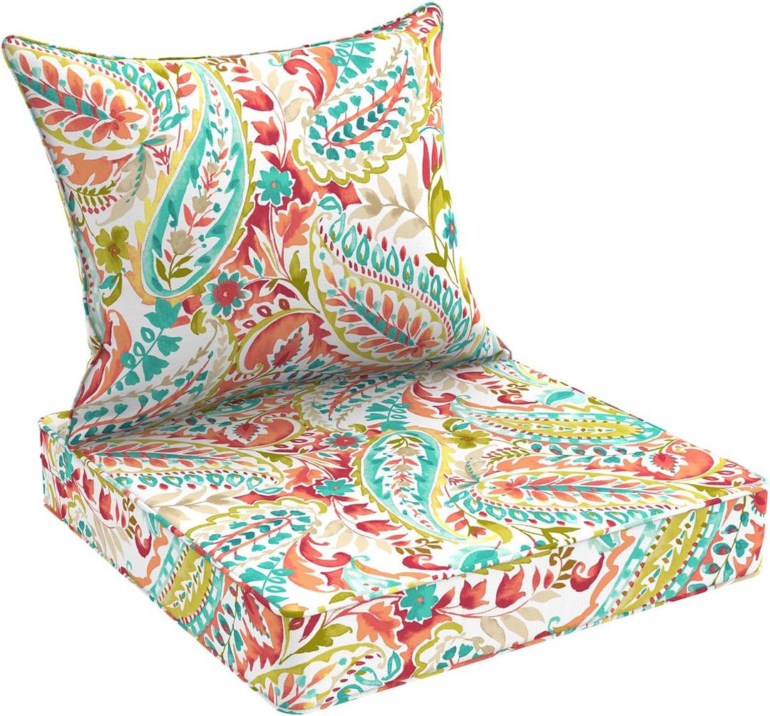 DYTXIII Outdoor Deep Seat Cushion Set, Water Repellent 24"x24" Patio Thick Cushions Replacement with Seat & Back Pillow for Patio Sofa, Wicker Chair, Couch - Pretty Paisley, 24x24"x4"