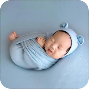 3Pcs Newborn Photography Props Baby Photoshoots Photo Posing Wraps Backdrops with Headband Stretch (Wrap + Backdrop + Headband, Light Blue)