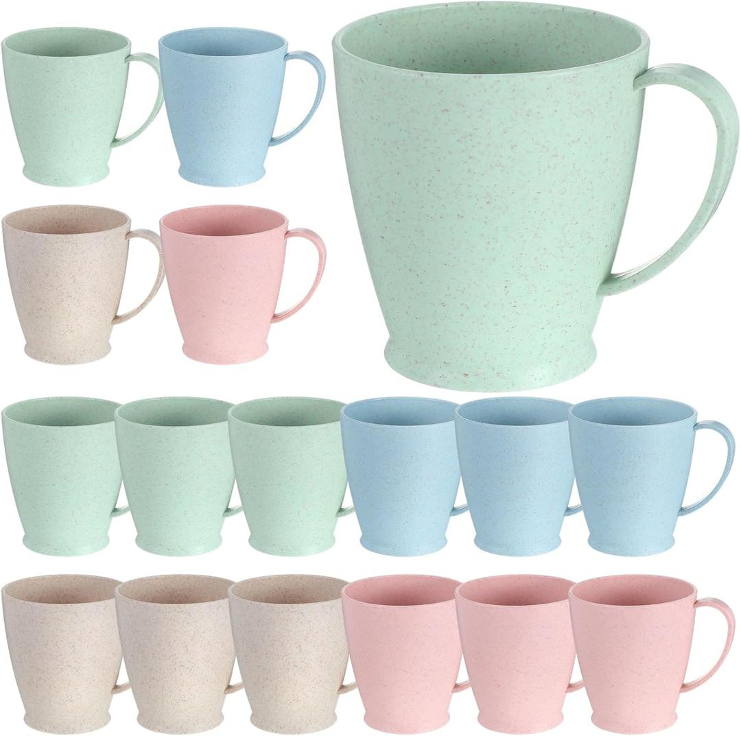 16 PCS Wheat Straw Cups,10 Oz Plastic Coffee Mugs Straw Cups Bulk with Handles Unbreakable Reusable Microwavable Dishwasher Safe for Tea Milk Water Juice Coffee,Camping,Kitchen&RV (Multicolor)