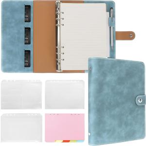 FYY A5 Binder Refillable Planner Notebook 6 Ring PU Leather Binder Journal with Pockets, Dividers, Refill Paper Blue