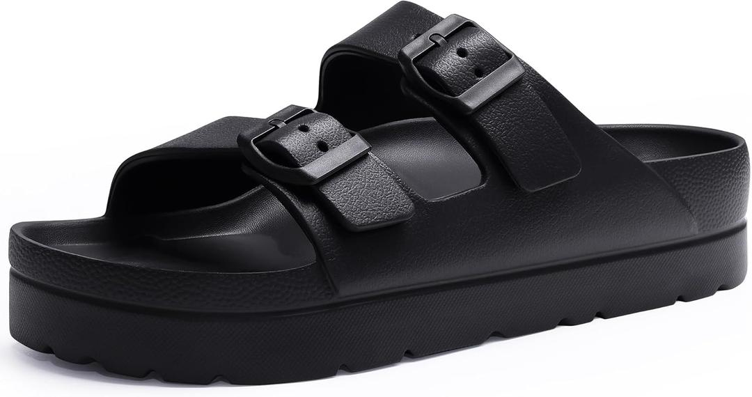 Goosecret Women's Platform Sandals with Arch Support, Chunky Lightweight Foam Slip on Slides, Comfortable Summer Beach Sandals with Adjustable Buckle (Black), Size 8-8.5