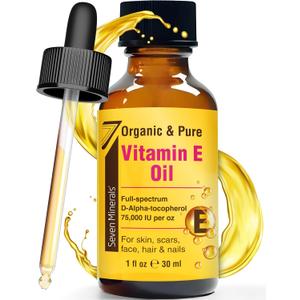 Seven Minerals Ultra Pure Vitamin E Oil - 75,000 I.U. Full-Spectrum D-Alpha Tocopherol, 1 Fl Oz - 100% Organic Vitamin E Oil for Skin, Face, Hair, and Scars - Naturally Occurring = Not Synthetic