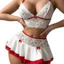 RoseSeek Women's 3 Piece Lingerie Set Floral Lace Bow Garter Babydoll Lingerie Skirt Set