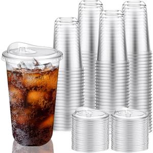 LemonRoad 200 Sets 18 oz Round Bottom Clear Plastic Cups with Sip Lid Disposable Plastic Iced Coffee Cup with Strawless Lid for Smoothie, Juice, Cold Beverage, Party Catering, Drink Shop 