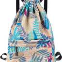Drawstring Backpack with Mesh Pockets String Gym Bag Sackpack Sandproof Water Resistant Beach Backpack for Men Women (01-gray Leaves)