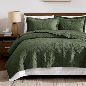 WDCOZY 100% Cotton Quilt King Size Bedspread, Pre-Washed 3-Piece Lightweight Soft Coverlet Set with 2 Pillow Shams, Farmhouse Design All Season Bedding Set, Olive Green