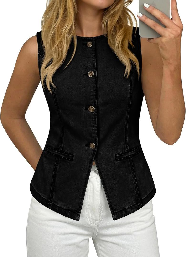 Tankaneo Womens Button Down Denim Vest Sleeveless Jean Tank Tops | Trendy Fitted,Crew Neck Waistcoat,Denim Tops for Women