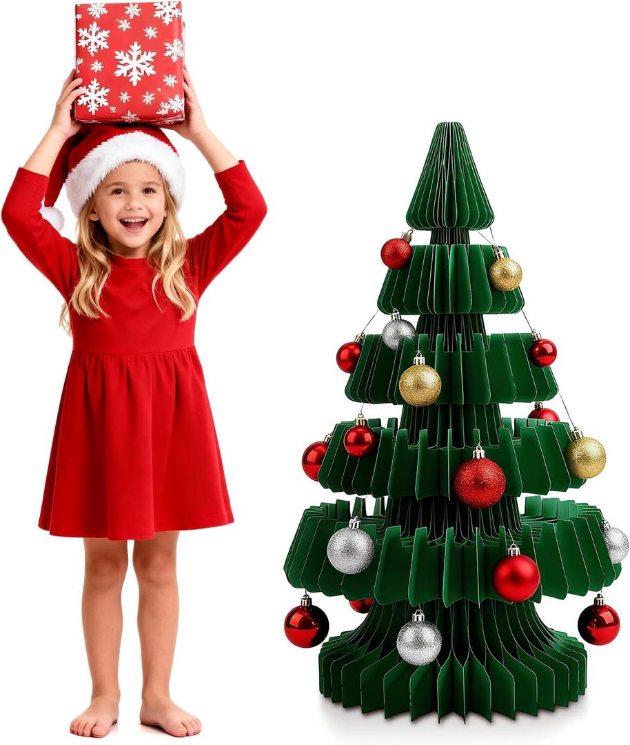 Civaner 20 x 12 inches Honeycomb Christmas Tree Thickened 3D Honeycomb Paper Christmas Tree with Magnetic Folding Xmas Modern Decorations Xmas for Home Living Room Holiday Decorations (19.7 Inches, Green)