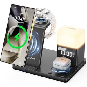 6 in 1 Wireless Charging Station for Samsung Android with Clock & Night Light，Alarm Clocks for Bedrooms,Wireless Charger Stand Beside Clock for Galaxy S26 S25 S24 Ultra Galaxy Watch Galaxy Buds