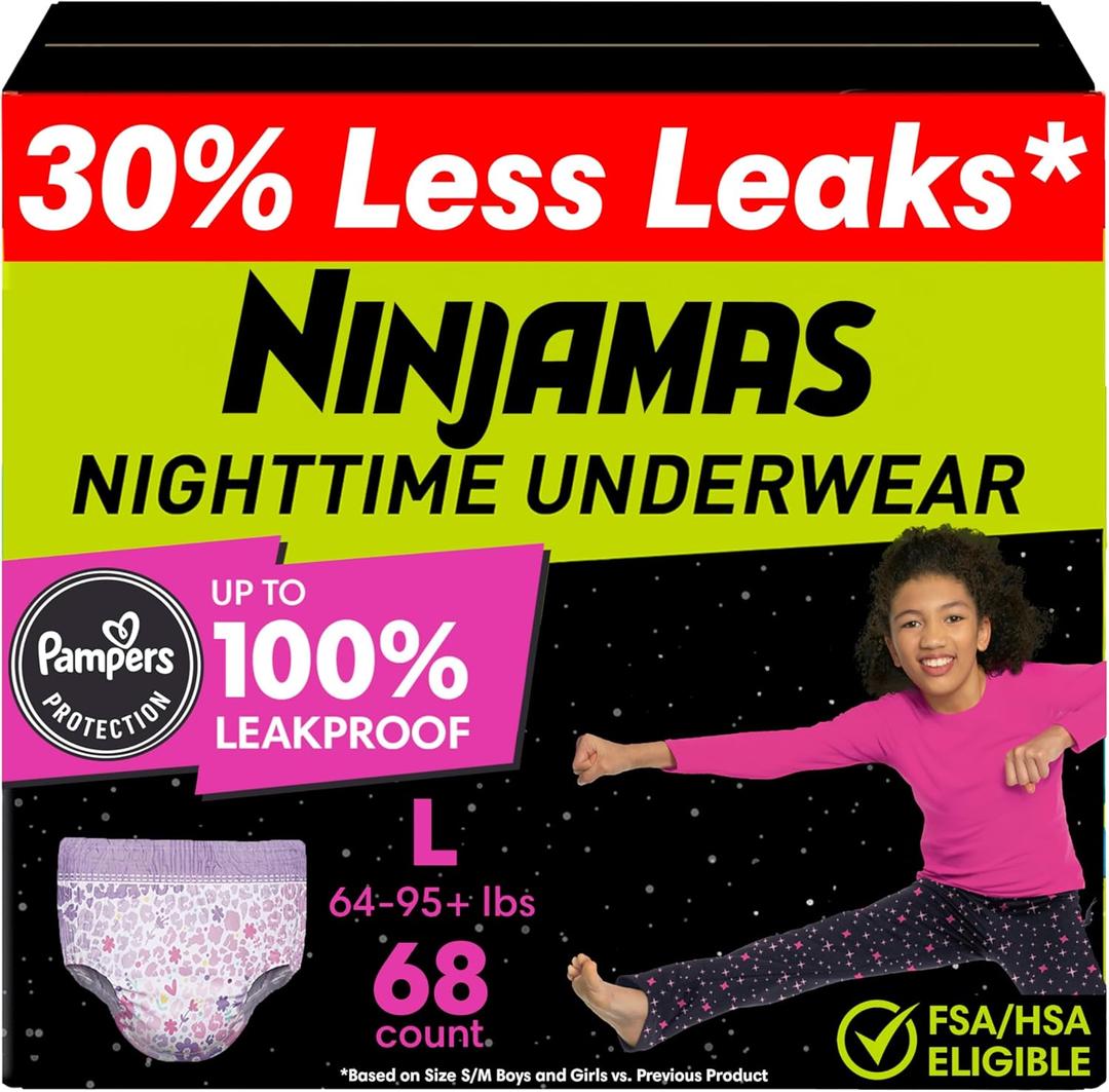 Ninjamas Girls Bedwetting Nighttime Underwear, Pampers Pull Ups Size L (64-95+ lbs), 68 Count, Overnight Underwear Kids, Ultra Absorbent, Hypoallergenic