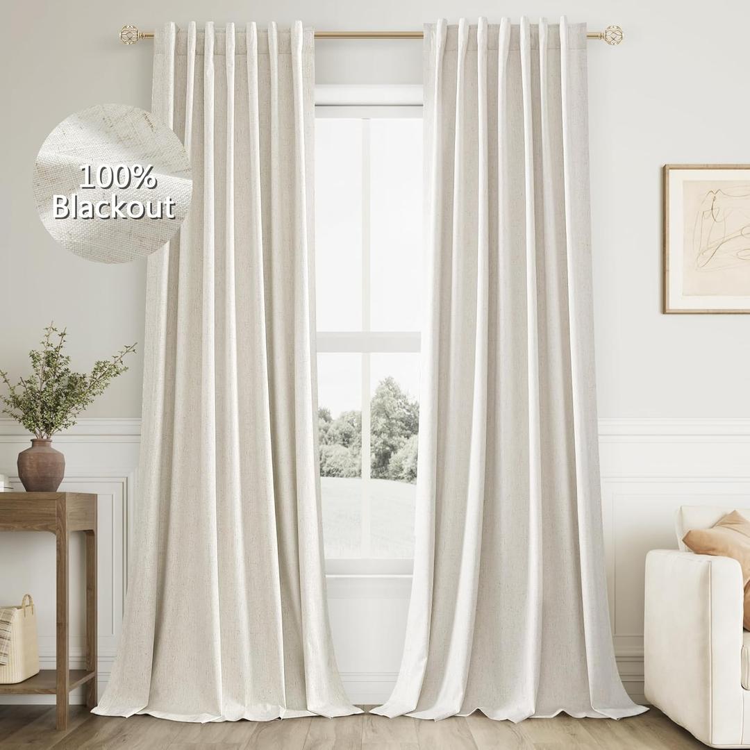Cream Linen Blackout Curtains 96 Inch Length 2 Panels Set for Living Room Bedroom Back Tab Thermal Insulated 100% Black Out Linen Drapes Room Darkening Window Curtains 96 Inches Long Ivory Natural (52"W x 96"L (Pack of 2))