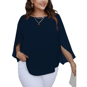 SCOMCHIC Plus Size Blouses for Women Summer Chiffon 3/4 Sleeve Tunic Tops Dressy Scoop Neck Casual Loose Flowy Shirts Navy 4XL