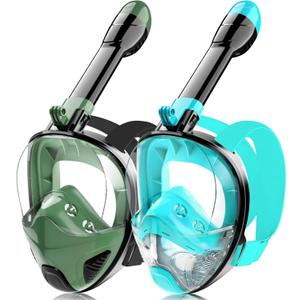 Full Face Snorkel Mask for Adults Teen, Snorkeling Gear with Detachable Camera Mount, Panoramic 180 View, Anti-Fog Anti-Leak Snorkling Set for Man and Women (Black Green+Black Dark Green-S/M)
