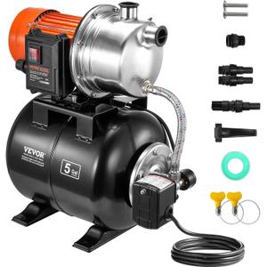 VEVOR 1 HP Shallow Well Pump with Pressure Tank, 1000 GPH, Automatic Irrigation Water Booster Pump with 130 ft Head Lift 20/40 PSI Pressure Switch, 304 Stainless Steel Pump Head for Home Garden Lawn