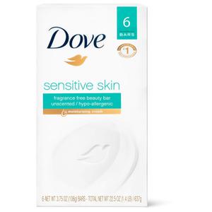 Dove Beauty Bar Gently Cleanses and Nourishes Sensitive Skin Effectively Washes Away Bacteria While Nourishing Your Skin, White, 3.75 Oz, 6 Count  