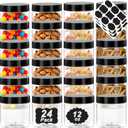 12oz Plastic Jars with Black Lids, 24 Pack Clear PET Jars Containers with Airtight Lids, Leakproof Round Plastic Storage Jar for Dry Food Storage, Candy, Crafts, or Cosmetics