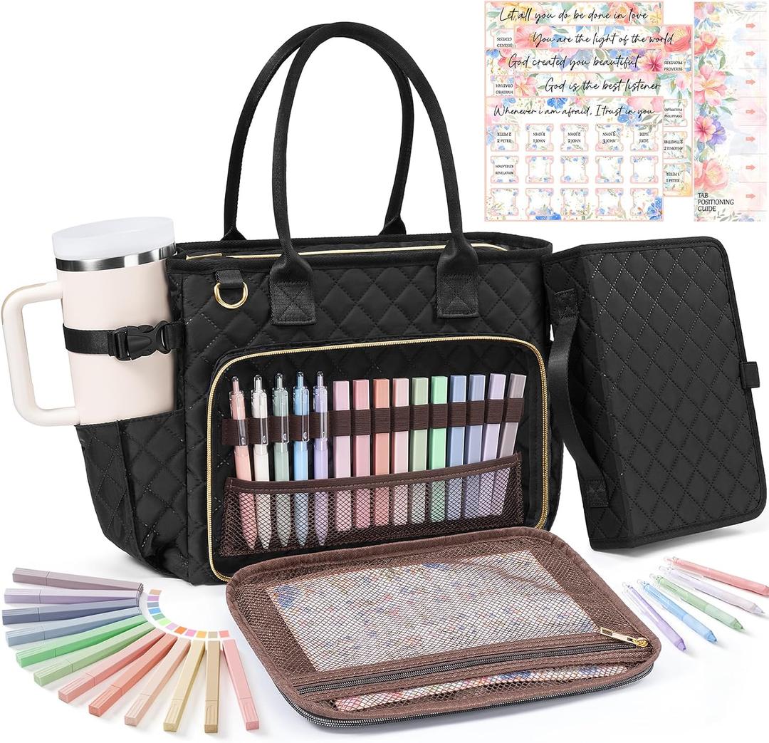 Large Bible Bag with Bible Cover Case for Women, Quilted Church Tote Bag Carrying Case w/Shoulder Strap Bible Study Supplies Journaling Kit Accessories Mothers Day Christian Gift for Women Mom Teacher, Black