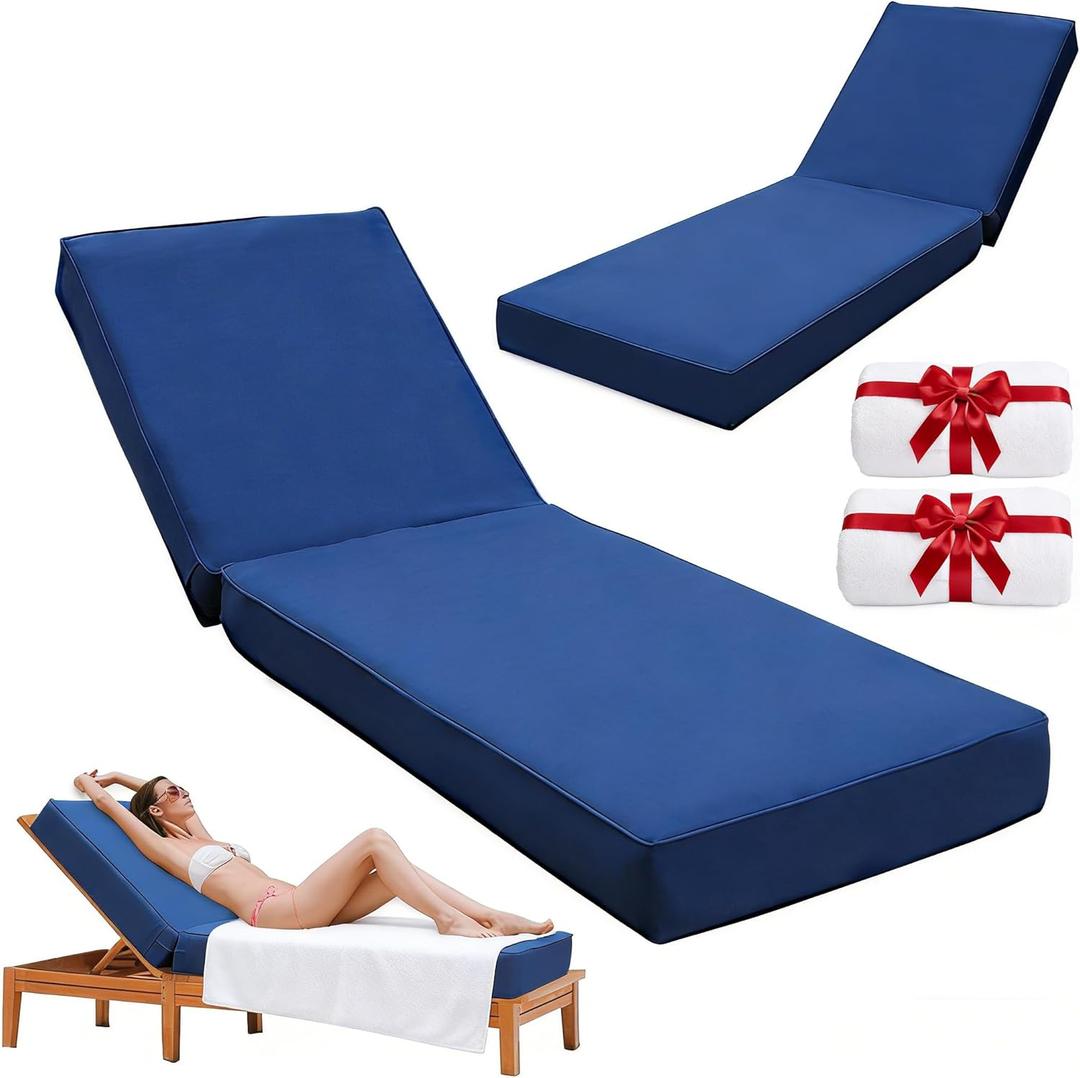 Home Outdoor Chaise Lounge Cushion 72"x21"x6", Waterproof 6" Extra Thickness Lounge Cushion with Removable Cover, Patio Lounge Chair Cushions Set of 2 for Outdoor Furniture, Navy Blue